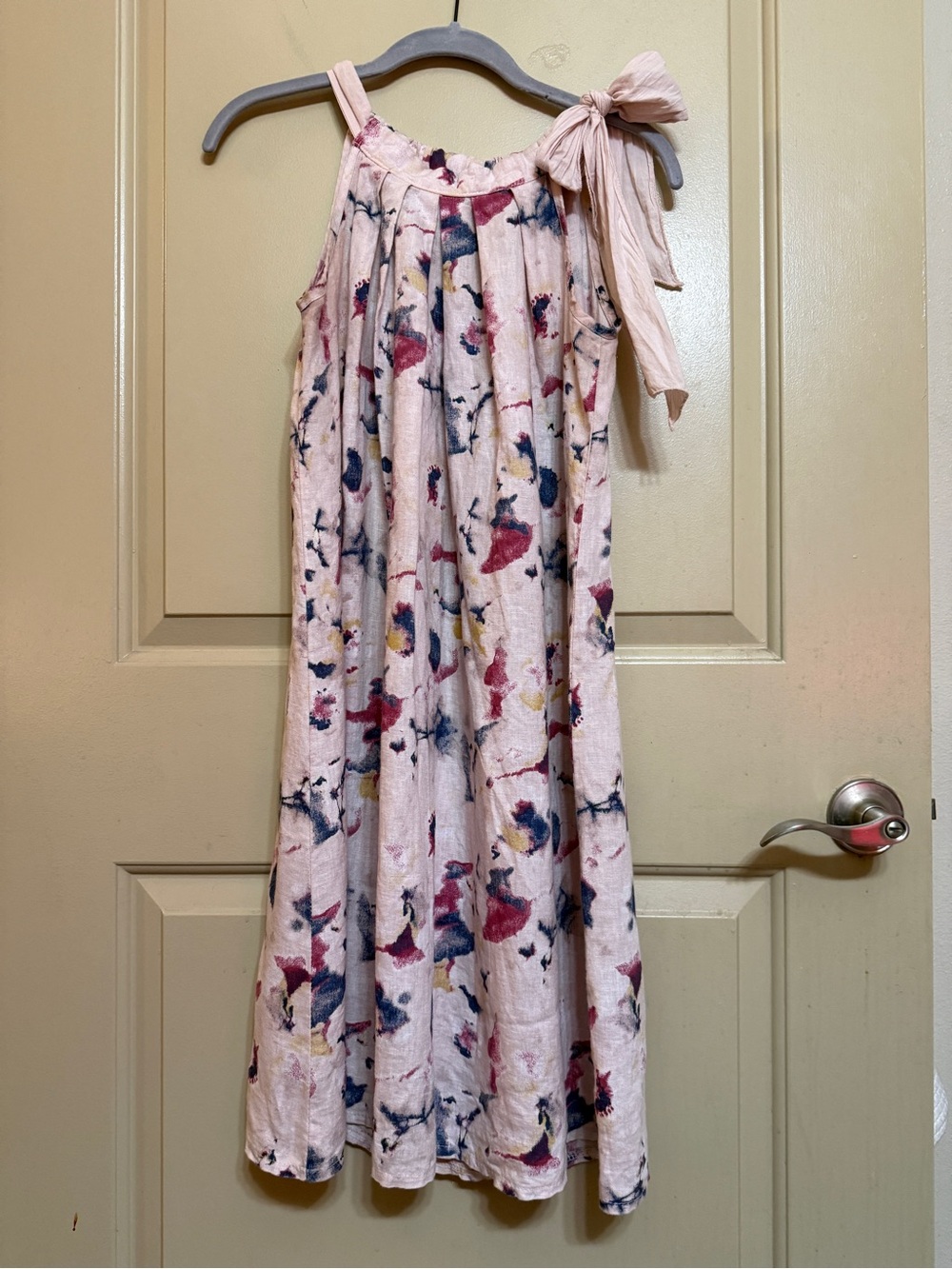 100% Linen Shift Dress XS Blush Pink Floral Tie Bow Halter Italian